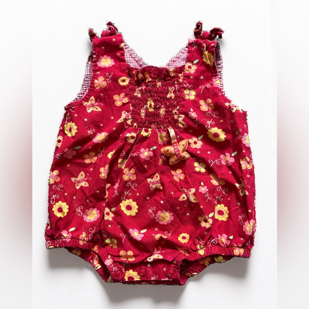 Vintage Mcbaby maroon red floral butterfly Romper - 100% cotton